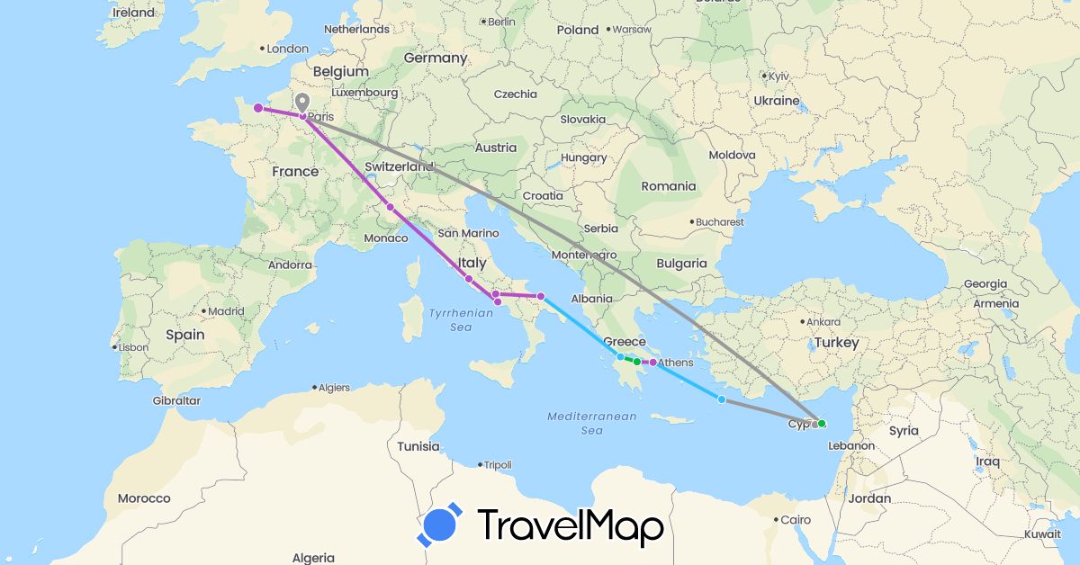 TravelMap itinerary: driving, bus, plane, train, boat in Cyprus, France, Greece, Italy (Asia, Europe)